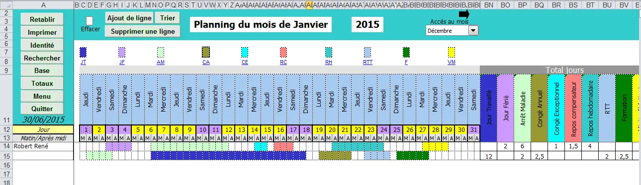 Planning d activites sous Excel avec calcul des totaux