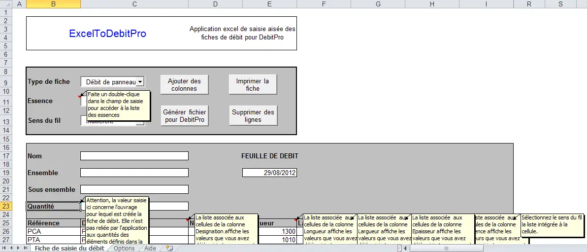 Application Excel de saisie des fiches de débit pour DEBITPRO