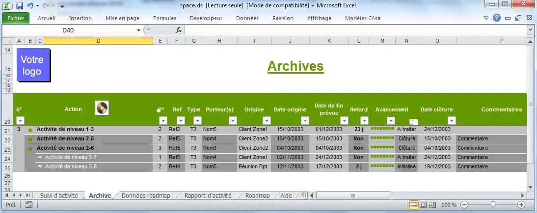 Fichier Excel de Suivi activités en équipe