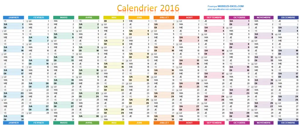 Calendrier excel avec numeros de semaine