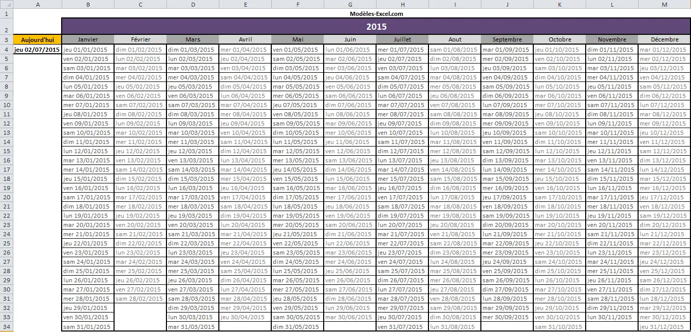 Calendrier annuel perpétuel imprimable Excel avec séparation des colonnes des mois plus marquées